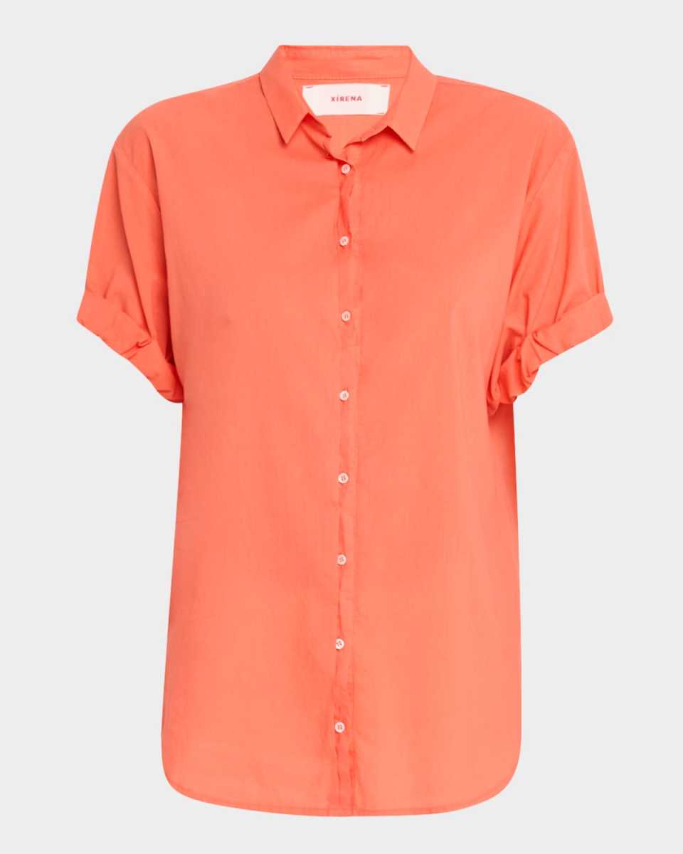Channing Button-Down Rolled-Sleeve Cotton Top